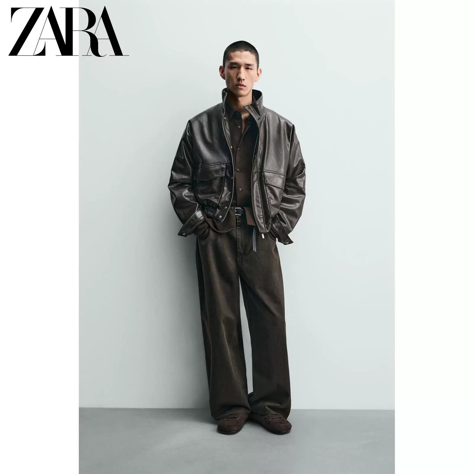 ZARA 2026 весна-лето новые товары мужская куртка из искусственной кожи короткий рукав с длинным рукавом стоячий воротник 3046443 700