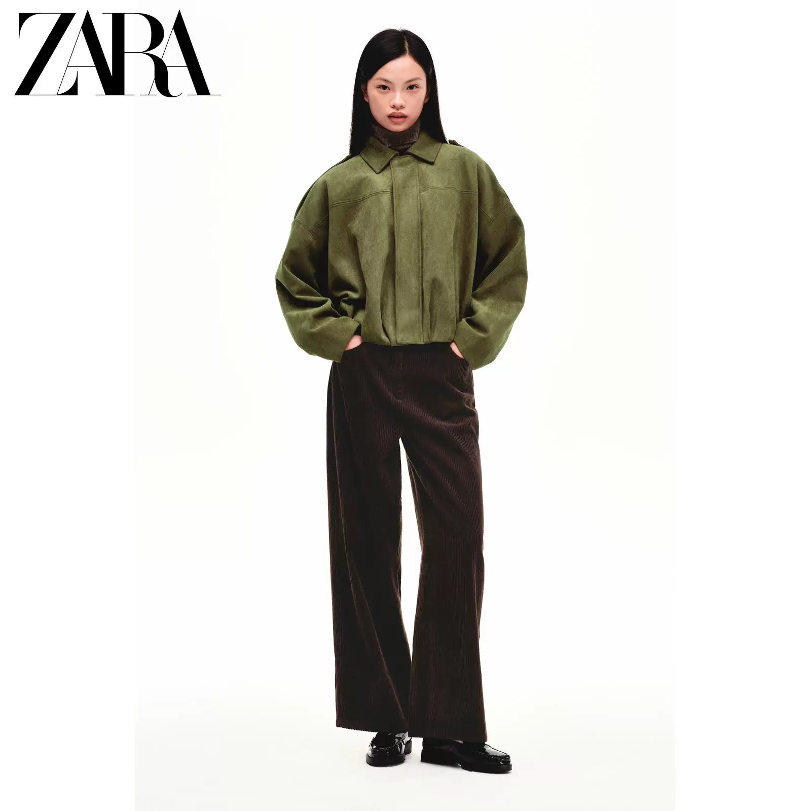 Бомбер женский (ZARA) с эффектом замши, длинные рукава, осень 2025