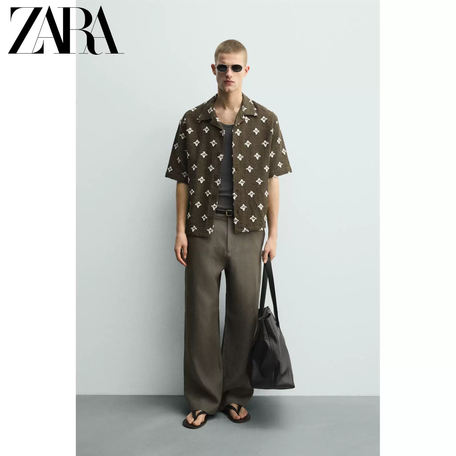ZARA 2026 весна-лето новые мужские свободные рубашки с повсеместным принтом крестовидный рисунок короткий рукав 2878378 507