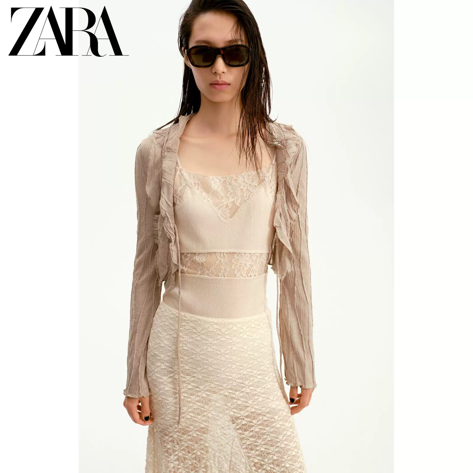 ZARA 2026 весна-лето новые поступления Женская блузка с длинным рукавом V-образным вырезом, бантом, украшенная слоёная, короткая топ 1131300 450