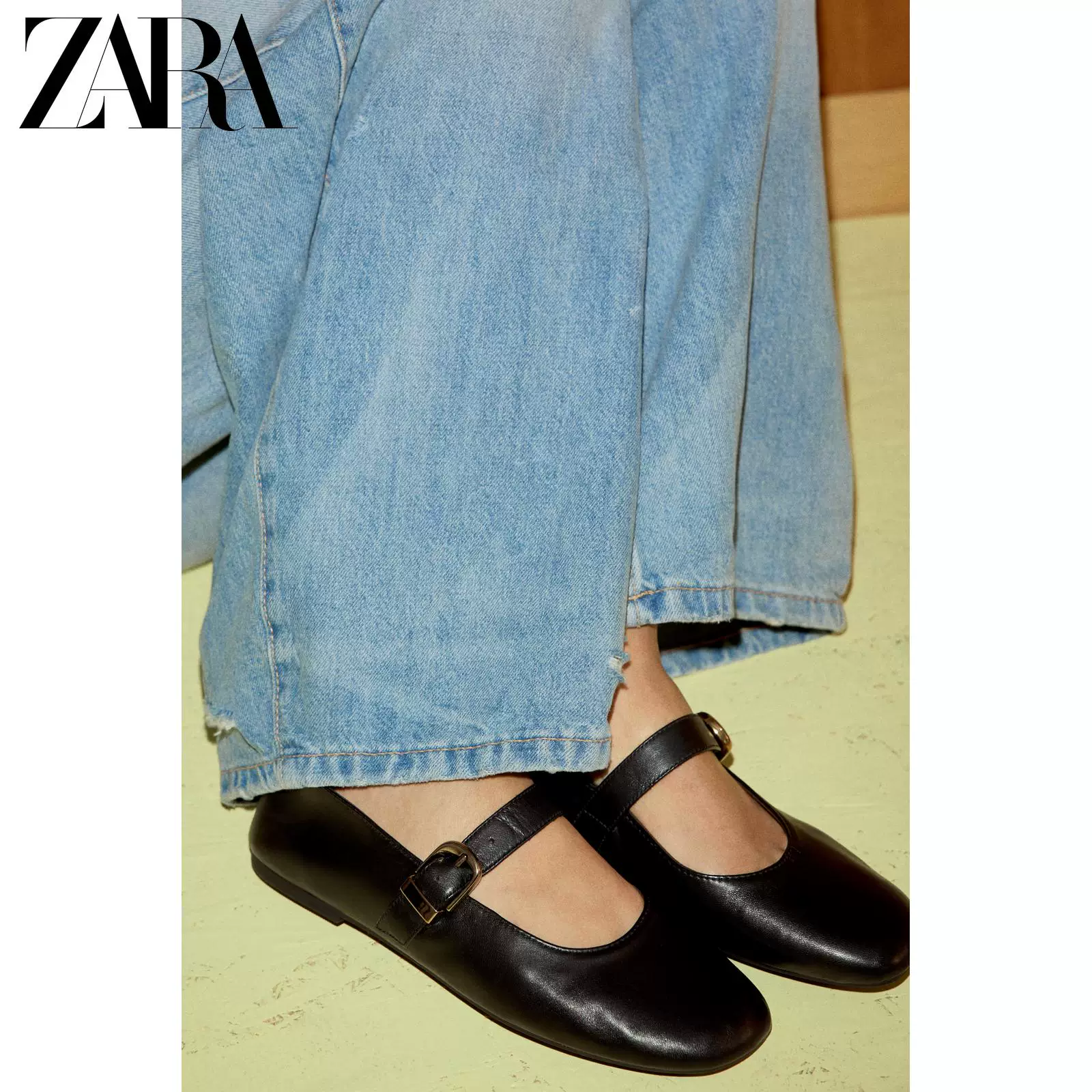 Купить обувь ZARA 2026 весна-лето новые женские кожаные балетки на ремешке с регулируемой металлической пряжкой 3504710 800