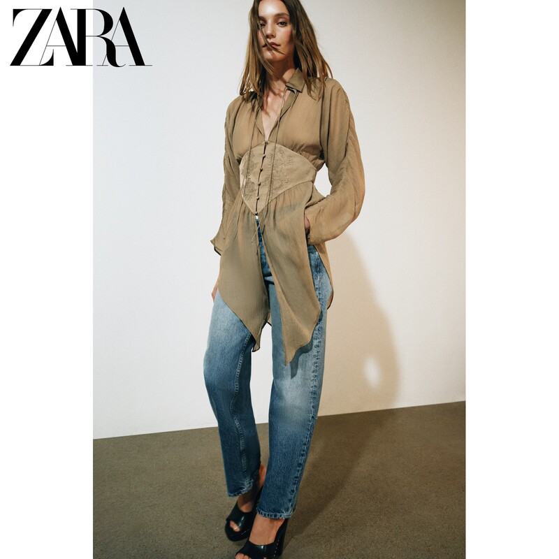 Zara2026 New Autumn Products Women's Clothing Zw Series Long-Sleeved Lapel Lace Draped Shirt 5919218 092