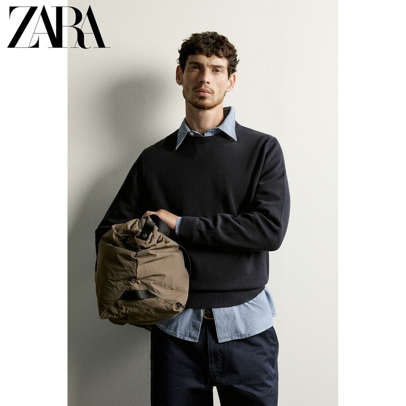Zara2026 Autumn New Collection Men's Slim Fit Straight Cotton Round Neck Long Sleeve Knit Sweater 9598454 401