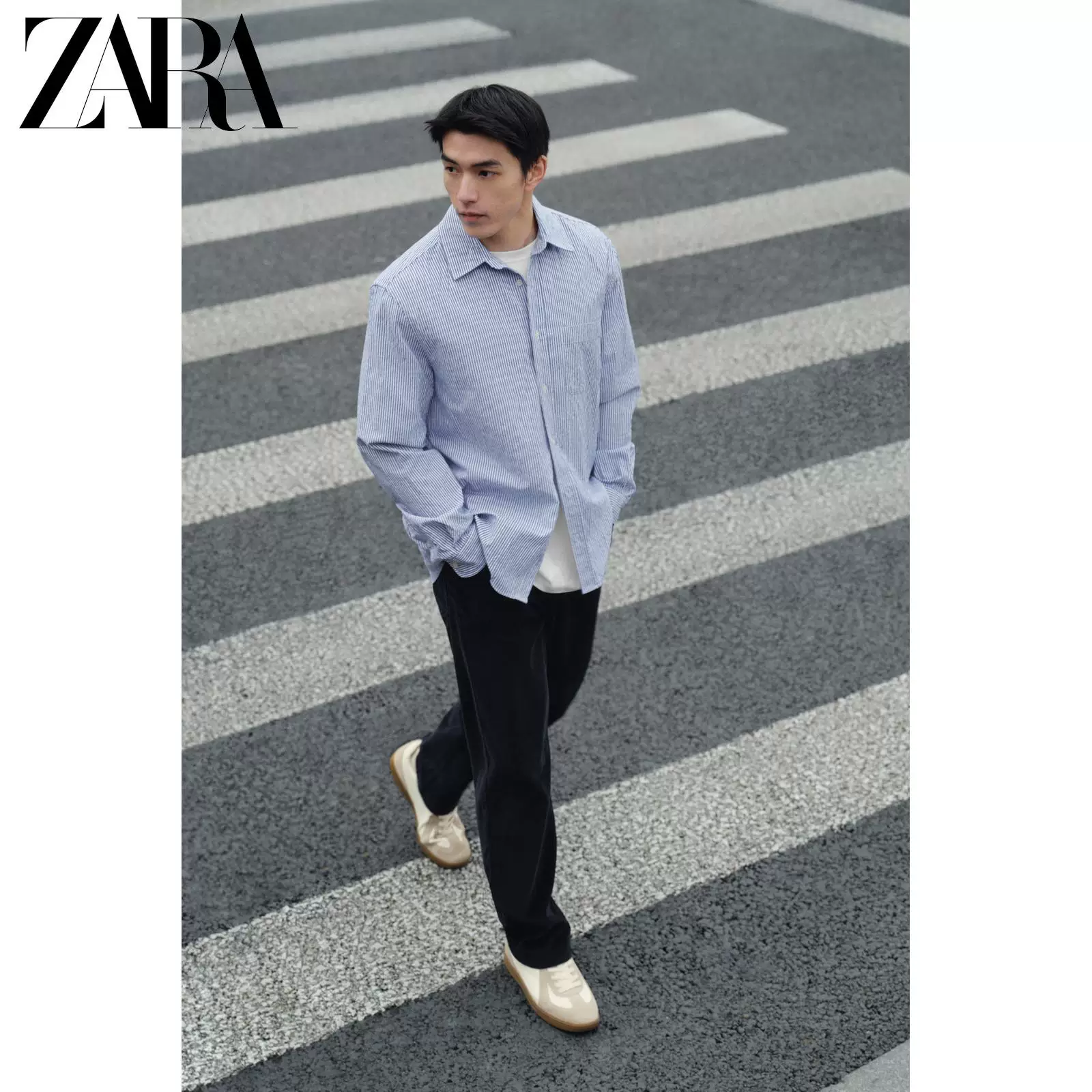 Мужская свободная рубашка в полоску с wrinkled эффектом длинный рукав ZARA 2026 весна-лето 4231117 044