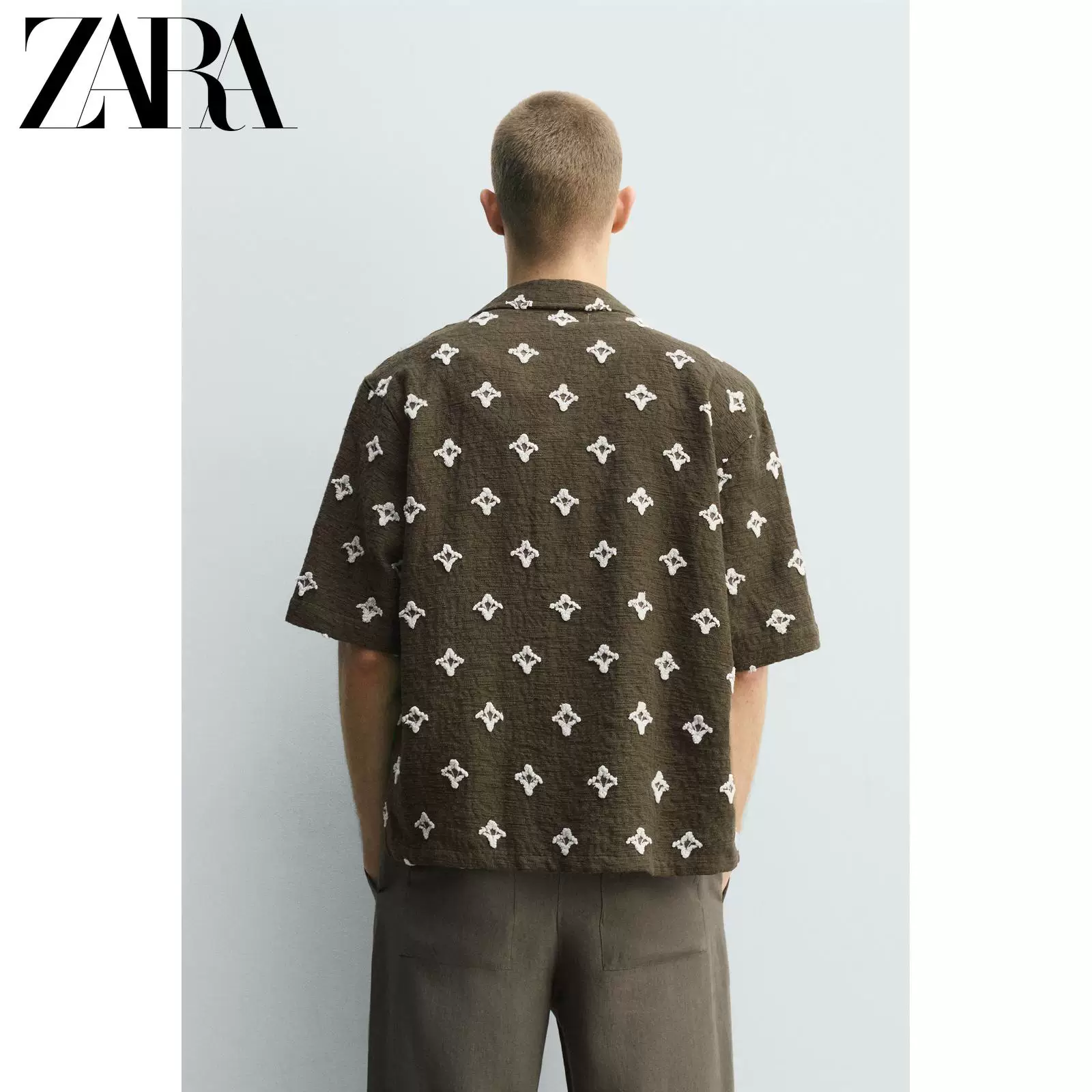ZARA 2026 весна-лето новые мужские свободные рубашки с повсеместным принтом крестовидный рисунок короткий рукав 2878378 507