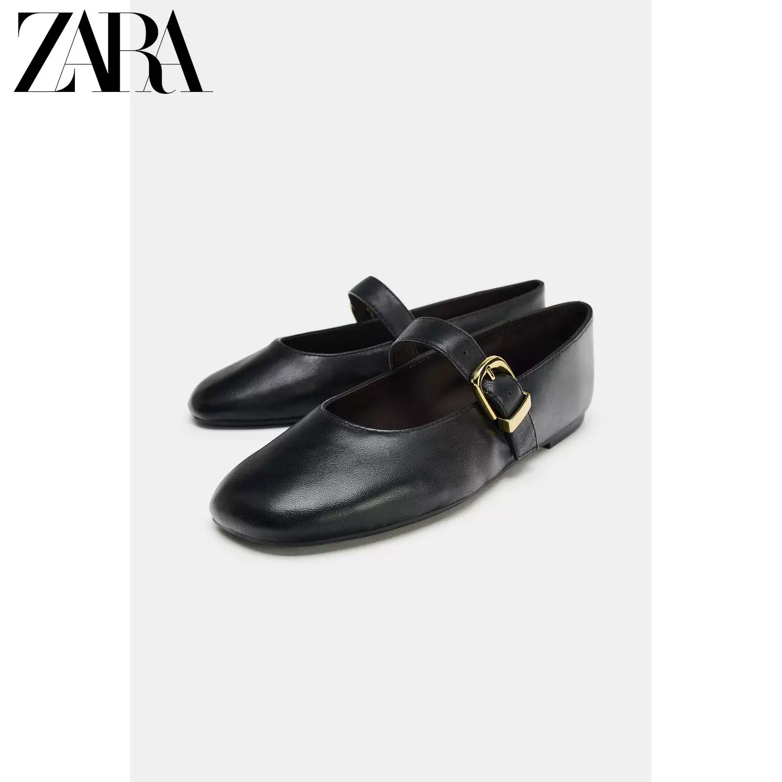 Купить обувь ZARA 2026 весна-лето новые женские кожаные балетки на ремешке с регулируемой металлической пряжкой 3504710 800