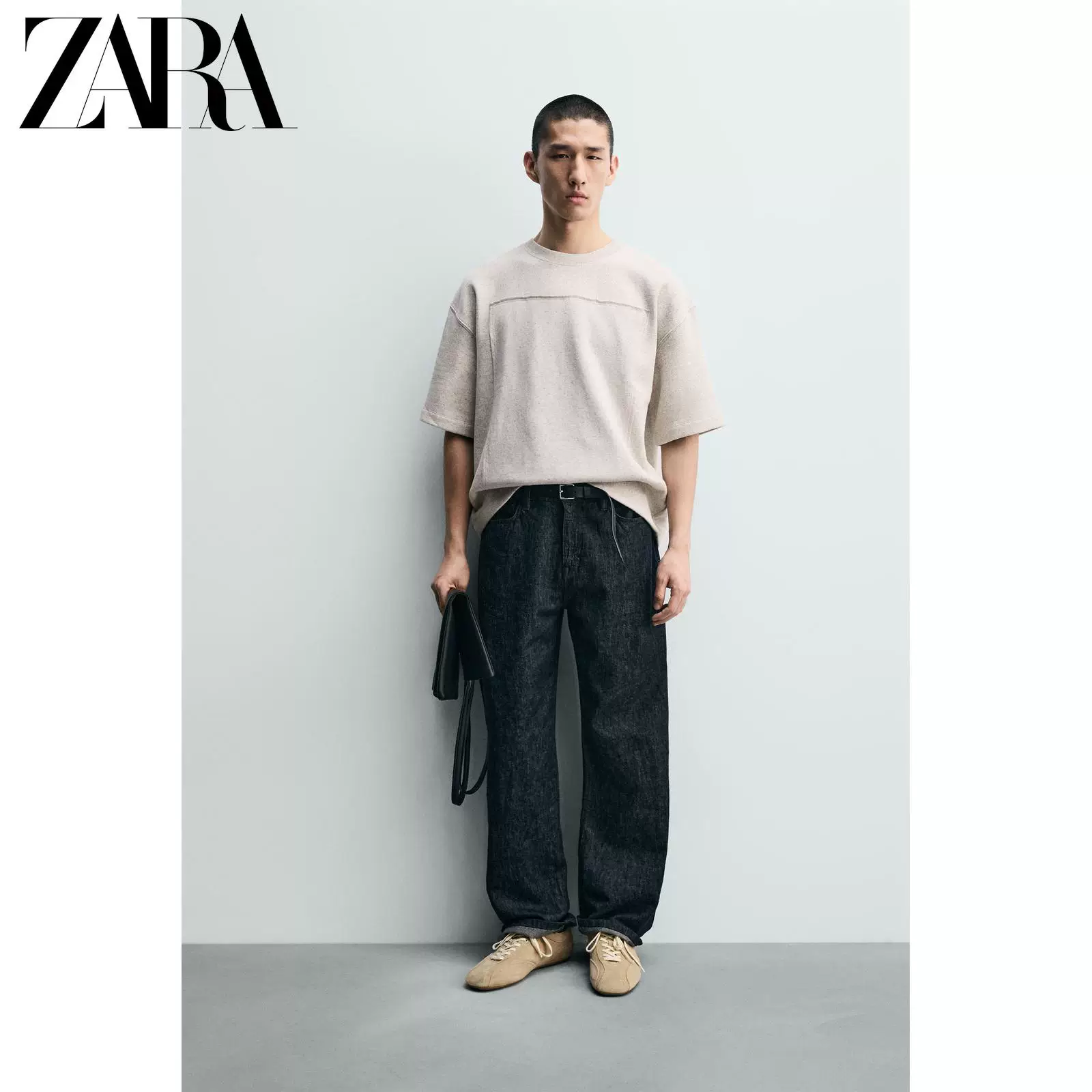 ZARA 2026 год весна-лето новые поступления мужской свободный свитшот с нашивками круглый вырез короткий рукав хлопок 5644465 803