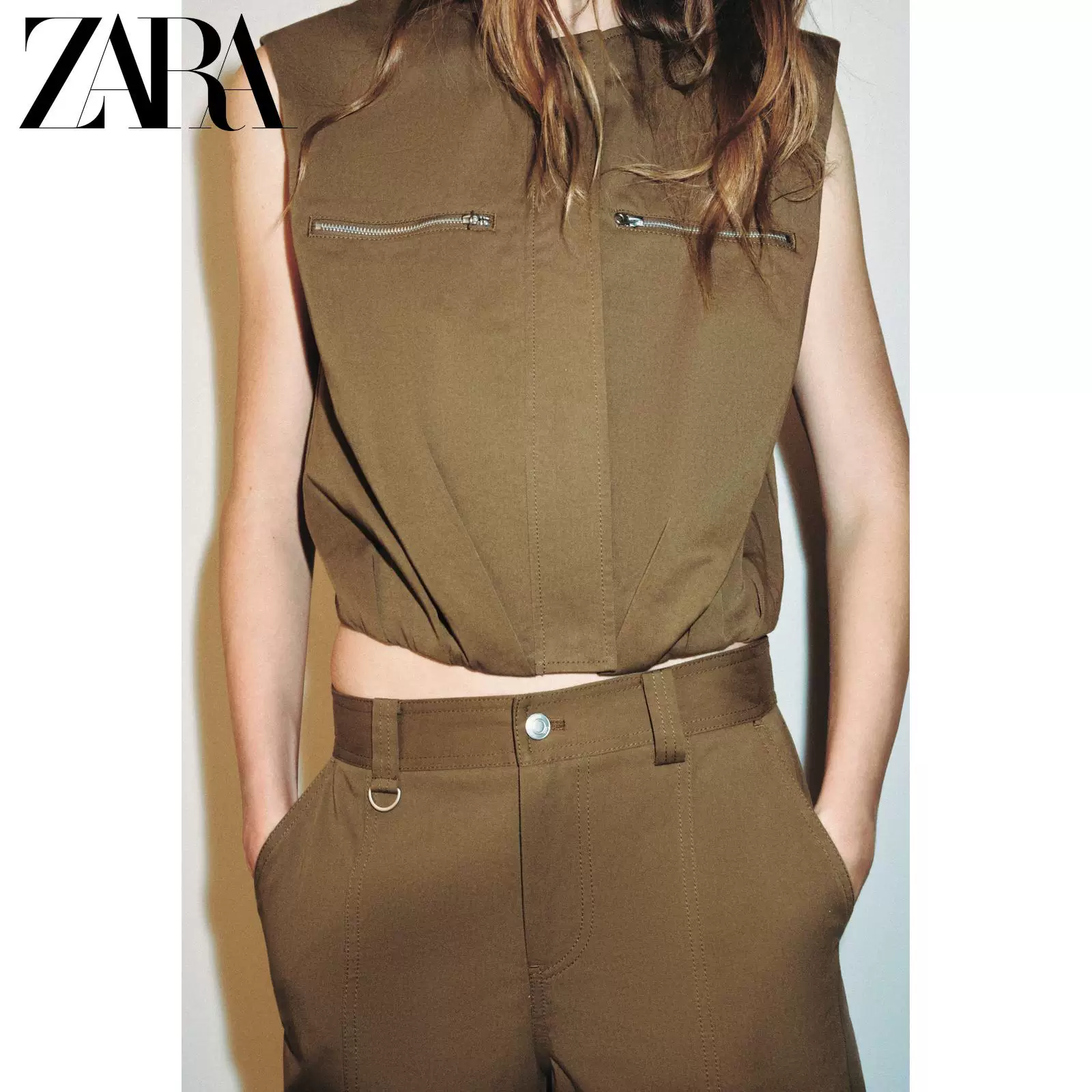 ZARA 2026 весна-лето новые поступления Женские безрукавки с круглым вырезом, молния, набивка на плечах 8372093 505