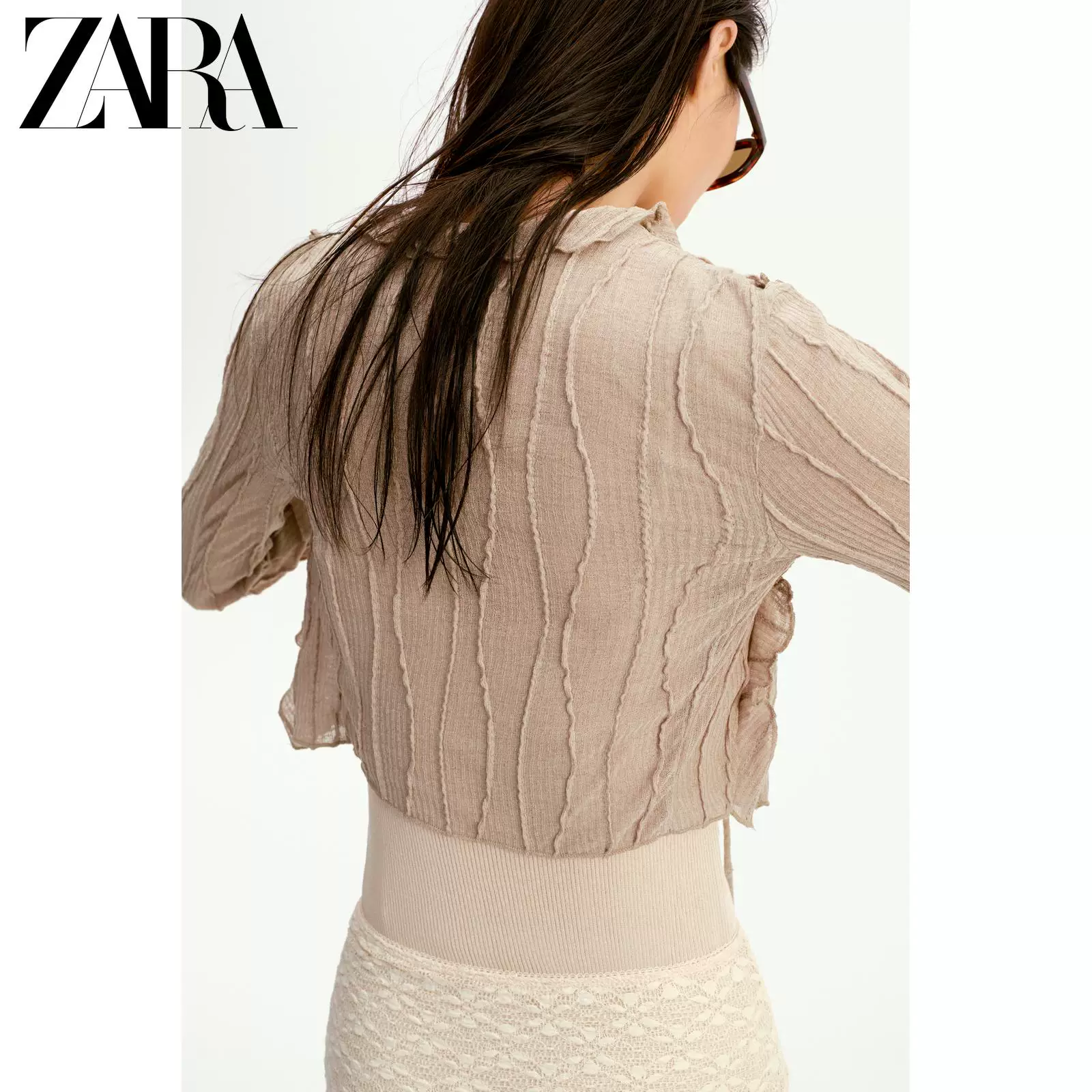 ZARA 2026 весна-лето новые поступления Женская блузка с длинным рукавом V-образным вырезом, бантом, украшенная слоёная, короткая топ 1131300 450