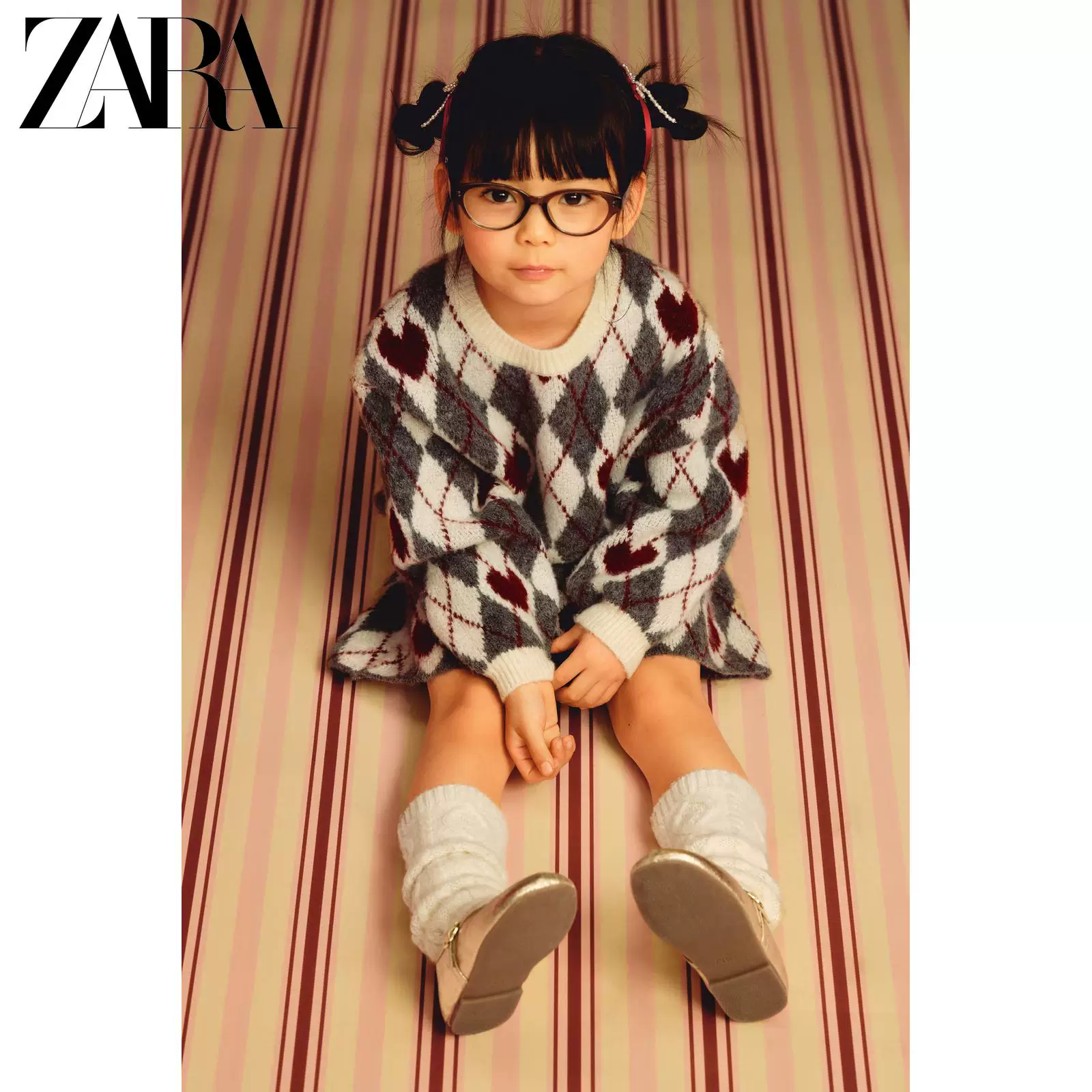 ZARA 2026 весна-лето новые поступления, для девочек-деток, свитер с ромбовидным узором в форме сердца 3920519 803