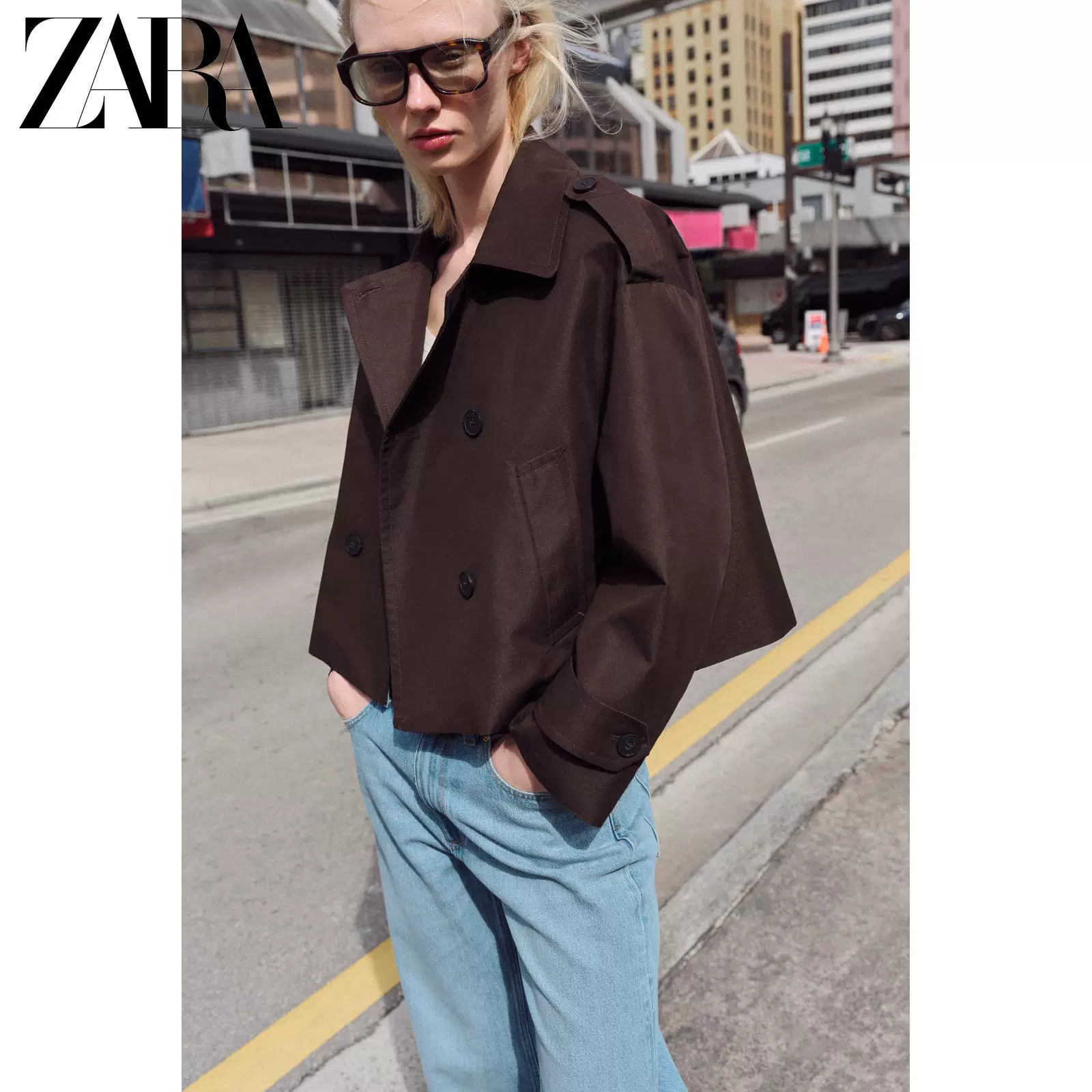 ZARA 2026 весна-лето новые поступления Женские длинный рукав лацкан свободный короткий двубортный ветрозащитник 3046352 700