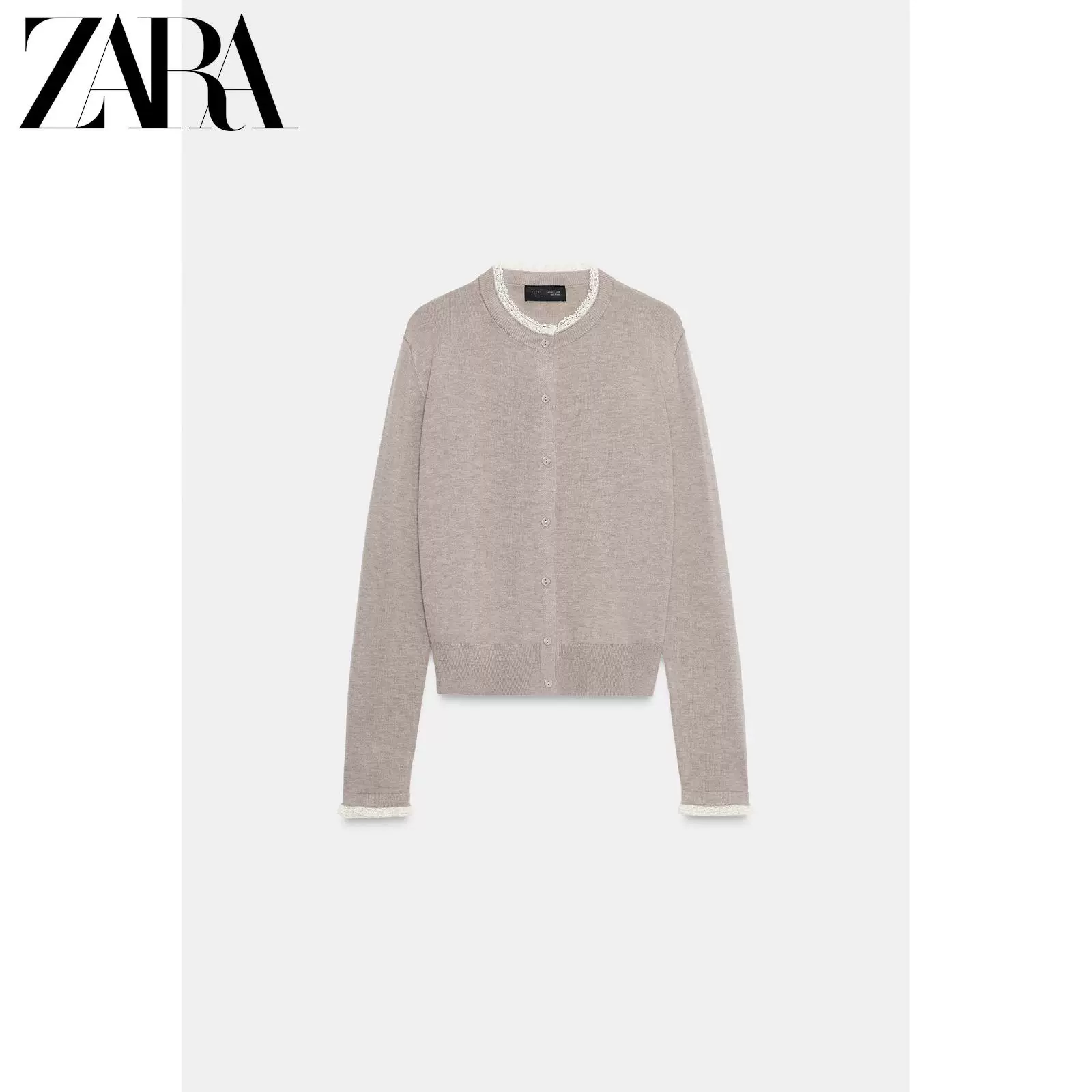 ZARA 2025 зимний новинка: женская блузка с длинным рукавом, круглым воротом, кружевная отделка, вязаная куртка 3920760 706