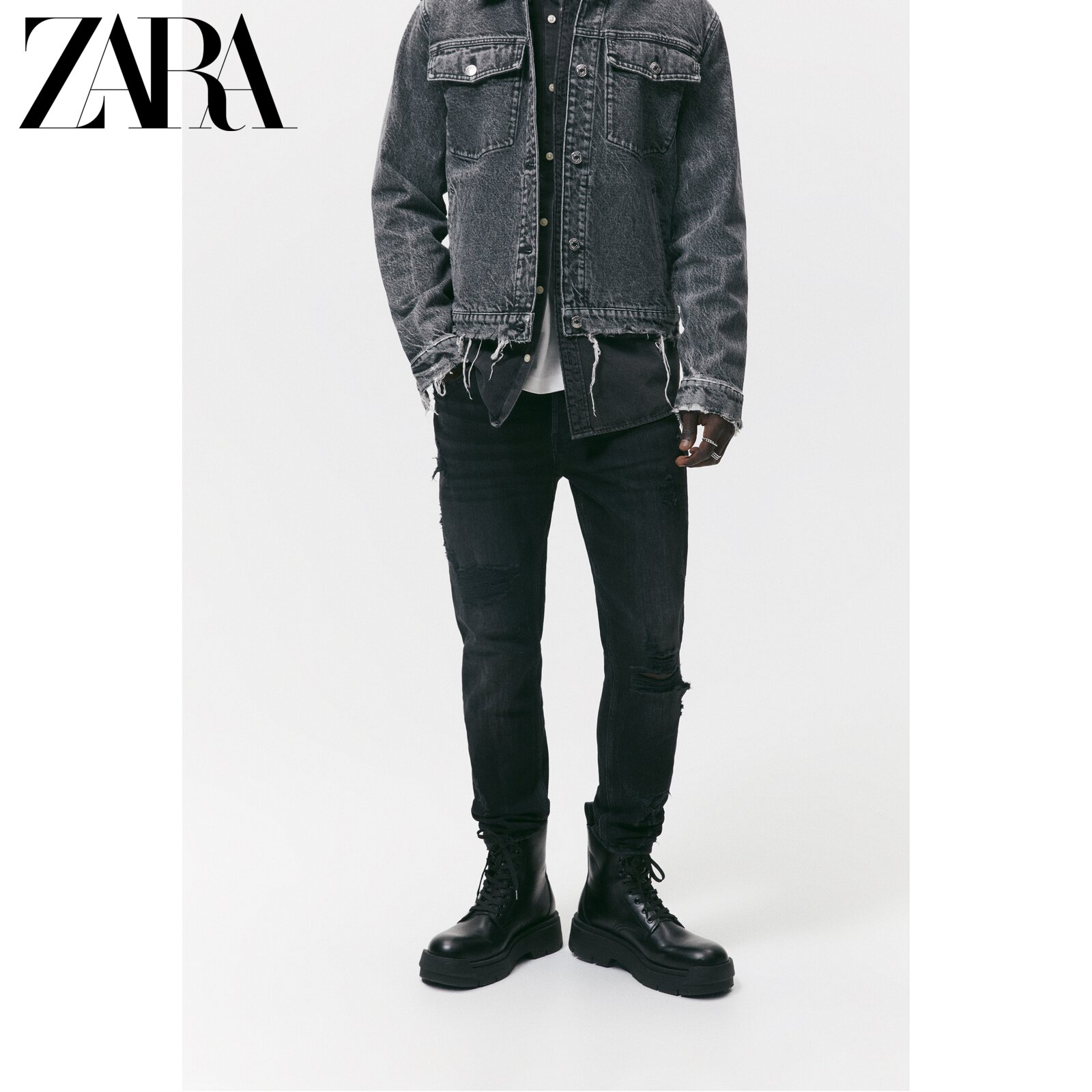 ZARA spring men's tight fit small foot breaking hole black jeans 6045340800