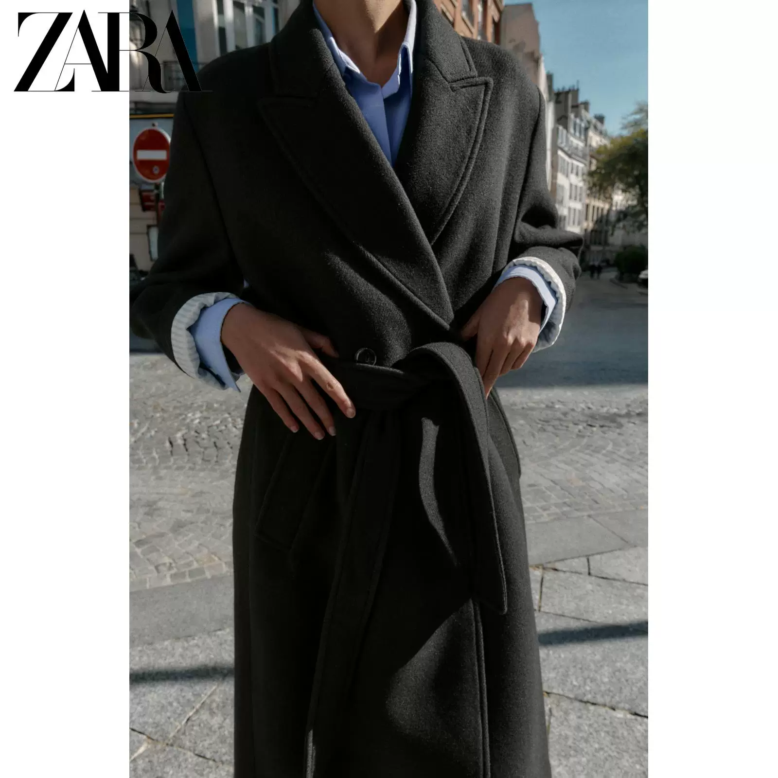 ZARA 2025 осень Новое поступление Женское длинное шерстяное пальто куртка с поясом 8471107 800