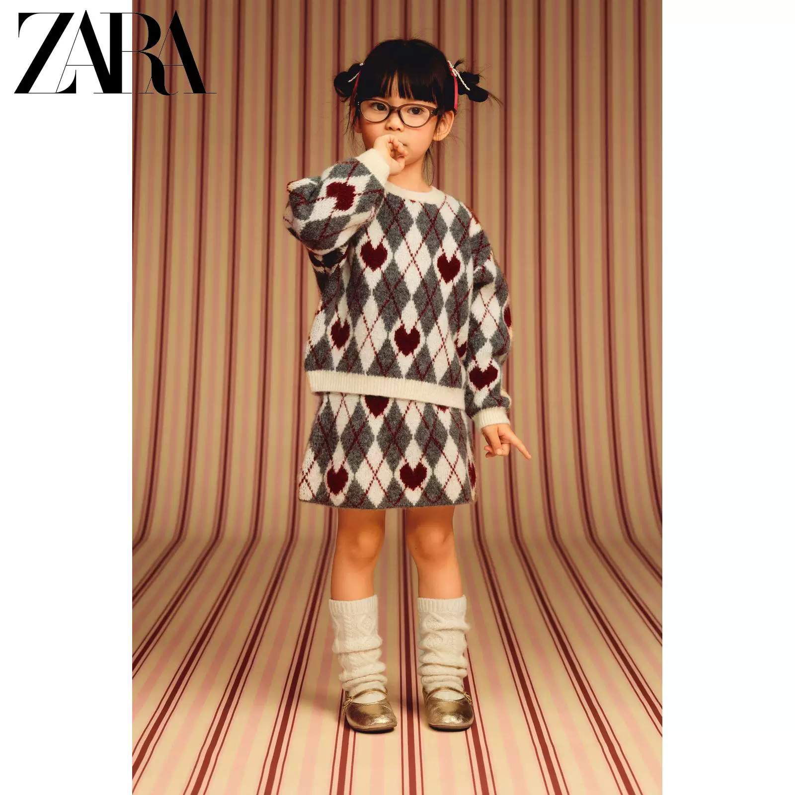 ZARA 2026 весна-лето новые поступления, для девочек-деток, свитер с ромбовидным узором в форме сердца 3920519 803