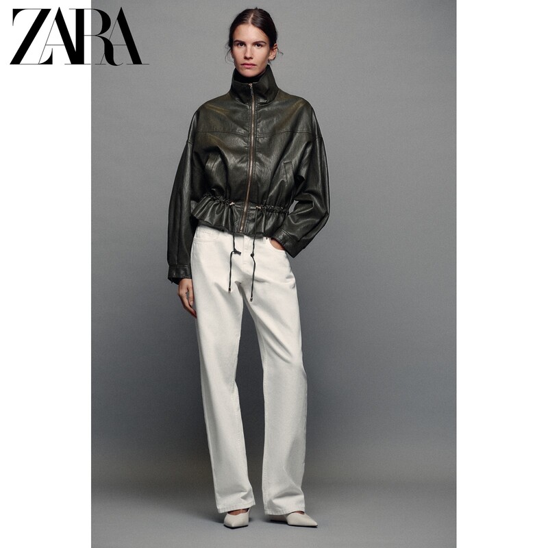 Zara26 New Autumn Products Women's Long-Sleeved Stand-Up Collar Leather-Effect Lace-Up Jacket 4745227 507