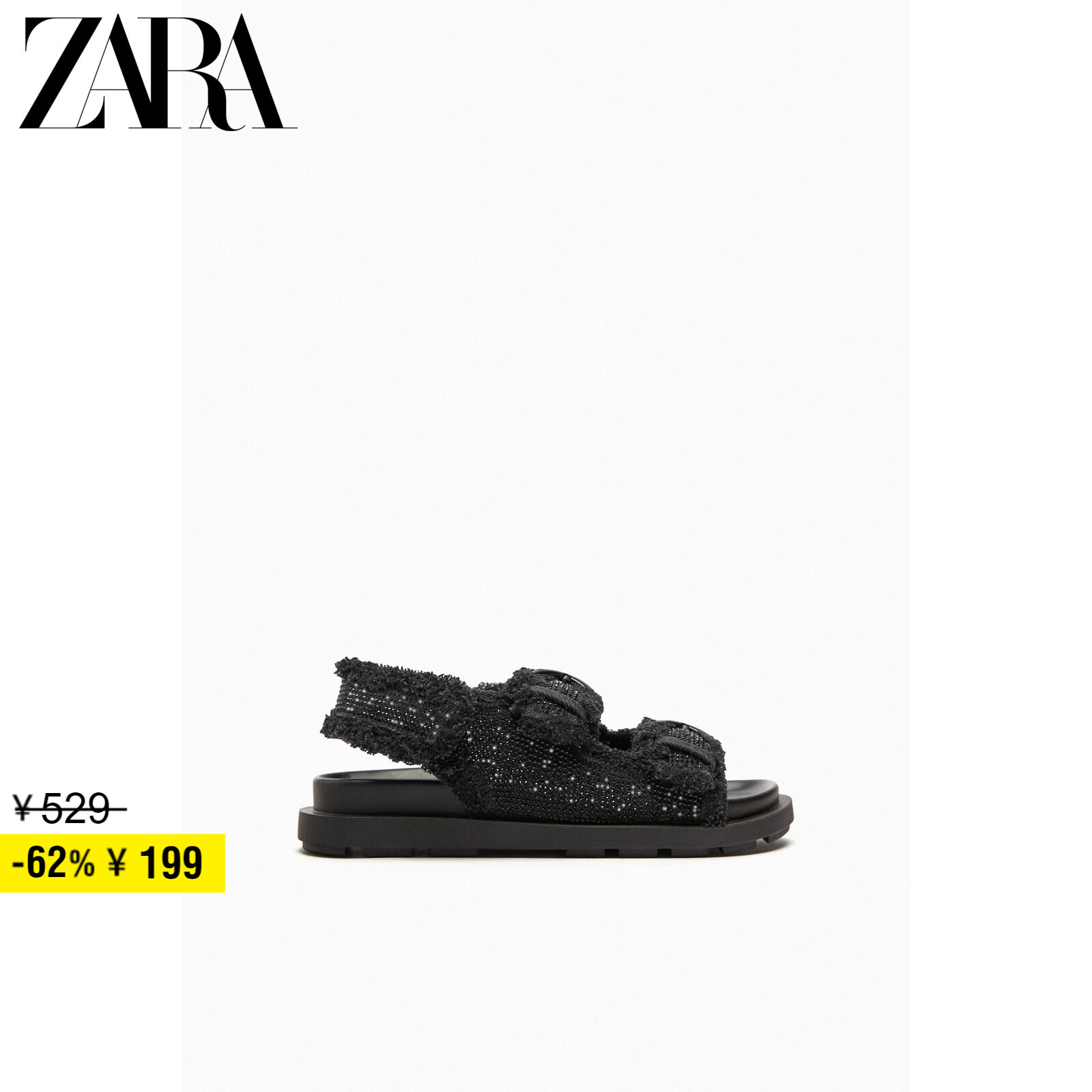 ZARA discount season TRF women shoes black bright light fabric flat bottom sandals 3663110800-Taobao