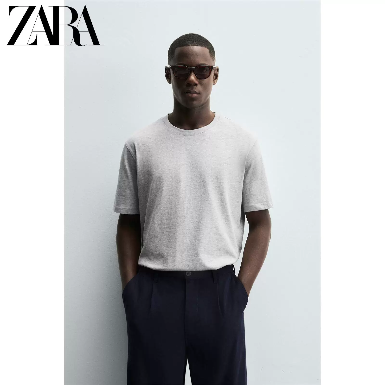 ZARA 2025 осень новые продукты мужская трикотажная футболка с коротким рукавом круглым вырезом средней толщины, 1887399