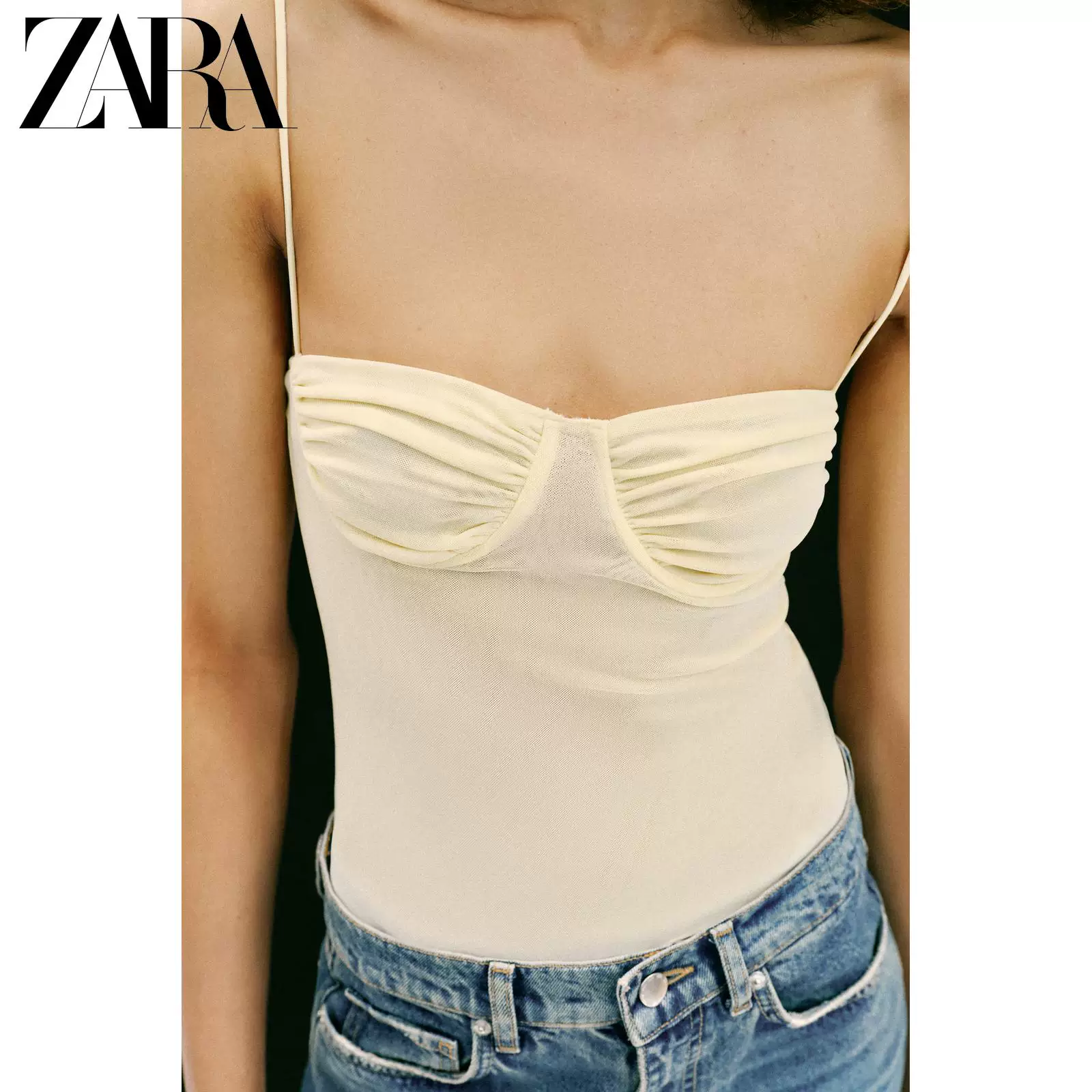 Специальное предложение ZARA Женский топ с вырезом сердца, Плиссированная сетчатая боди Camisole 5039392 300