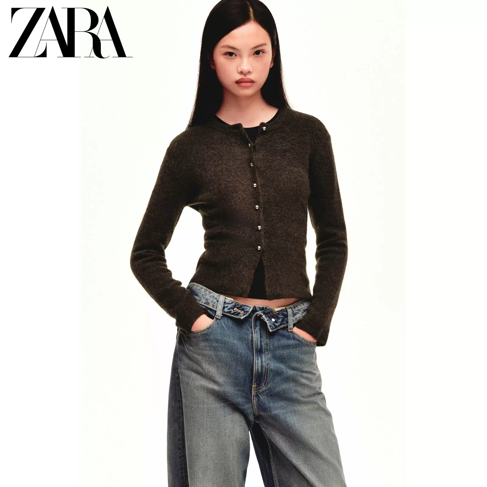 ZARA 2025 зима новые товары Женский лонгслив круглый вырез шарик пуговицы вязаная куртка 5536159 719
