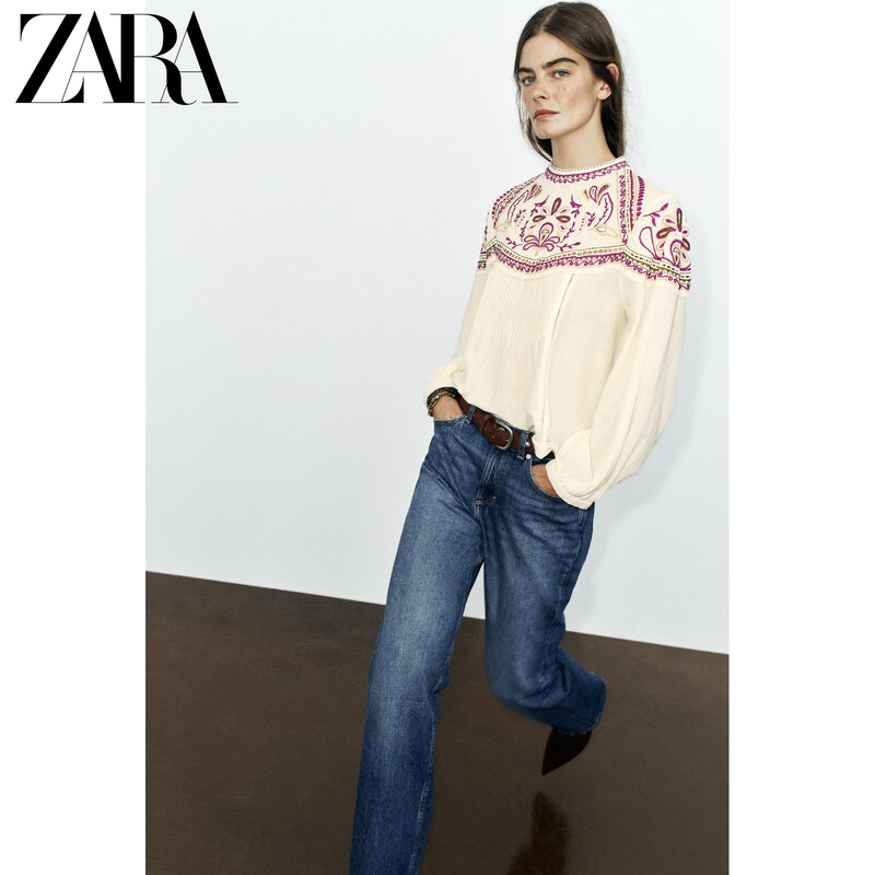 Zara2026 Autumn New Collection Women's Long Sleeve Round Neck Resort Style Contrast Color Embroidered Shirt 5770231 712 Zara2026 Autumn New Collection Women's Long Sleeve Round Neck Resort Style Contrast Color Embroidered Shirt 5770231 712
