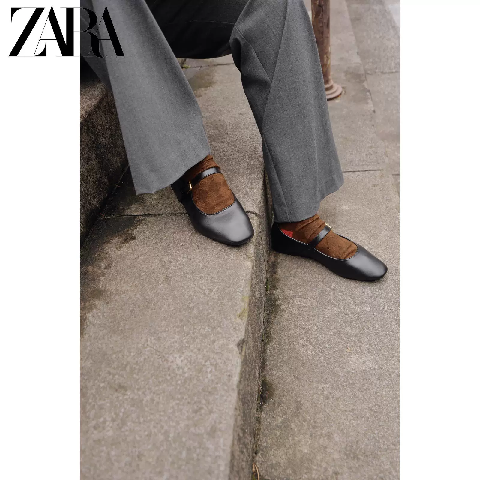 ZARA 25 новых летних товаров женская обувь черный кожаный носок круглый мысок туфли Mary Jane балет flats 3502510