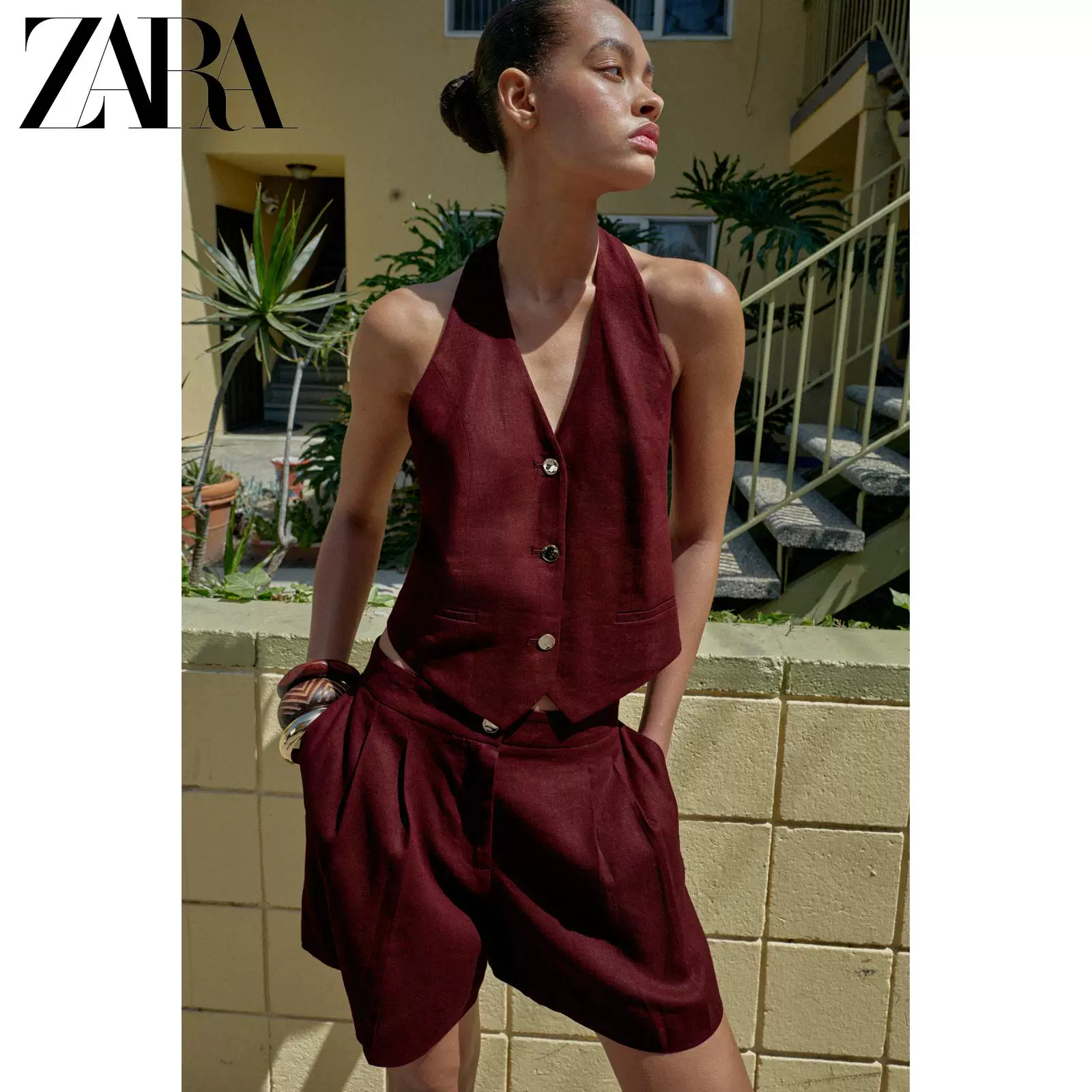 ZARA 2026 весна-лето новые товары женский жилет на спинке V-образный вырез, без рукавов, льнянойhalter 9929127 681