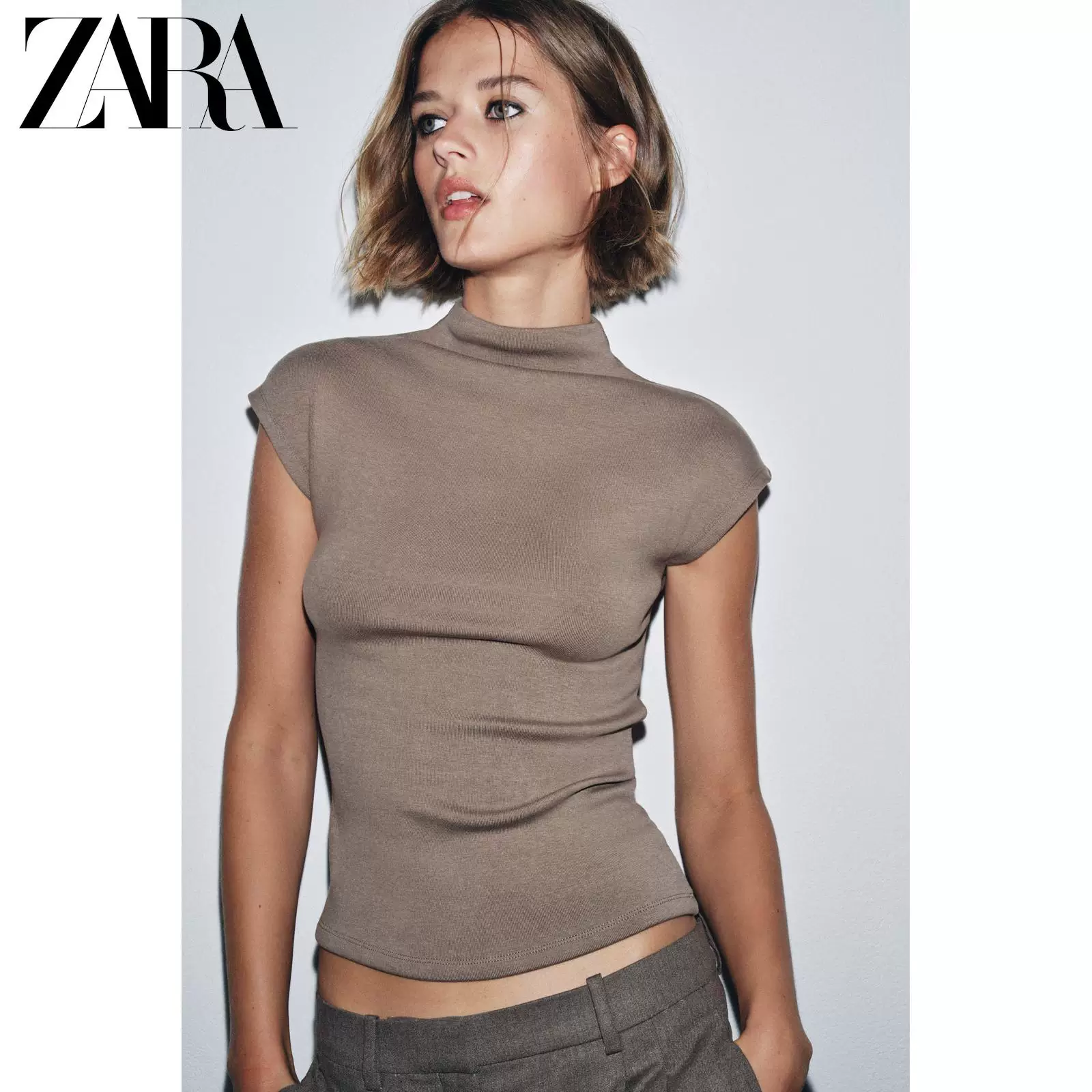 ZARA осень 2025 новый прибытие Женский топ без рукавов с высоким воротом из лиоцелла в смеси пряжи 0858730 973