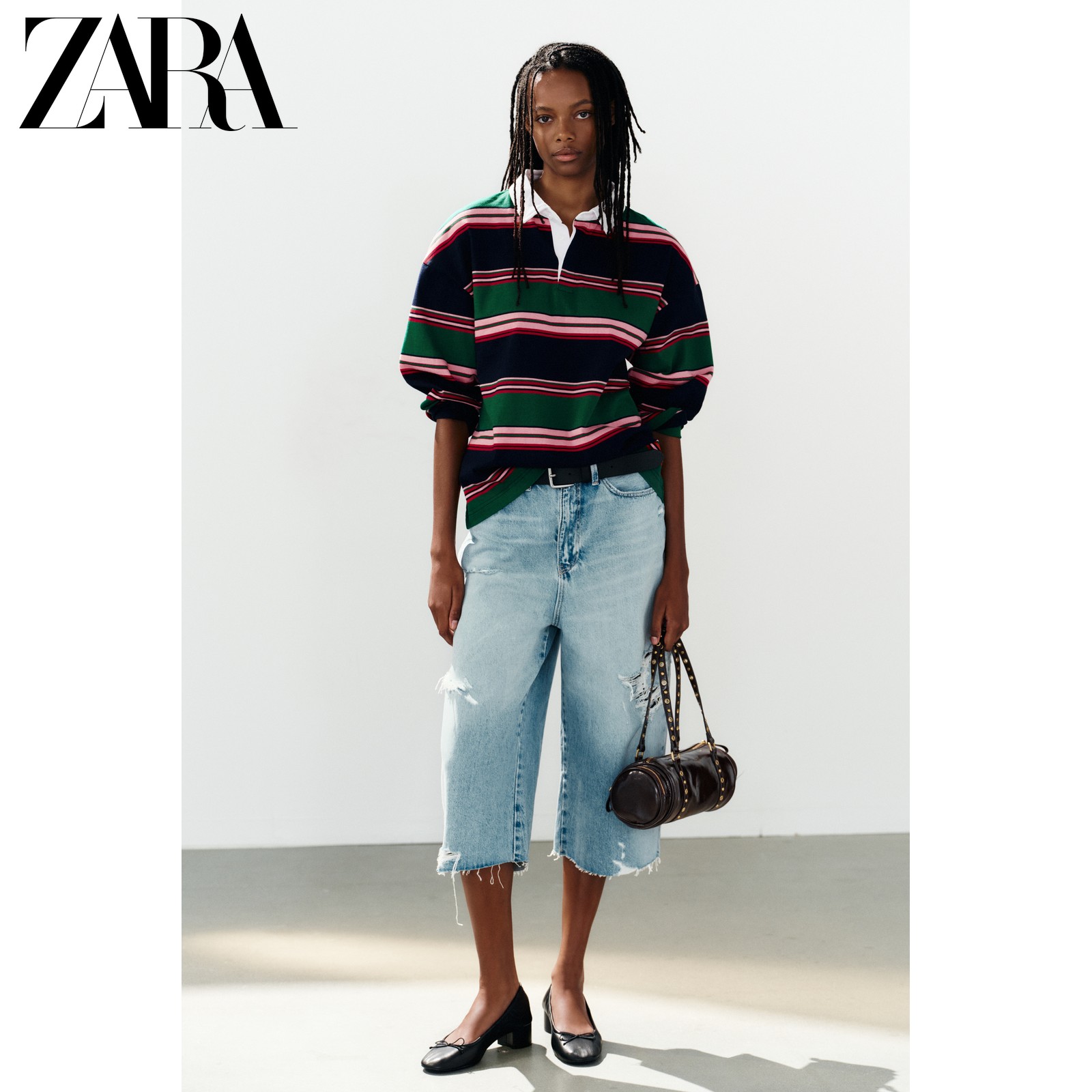 ZARA2026 ранняя осенняя новинка, женская рубашка ПОЛО свободного кроя с длинными рукавами и полосатой строчкой 6145110 330 Изображение 1