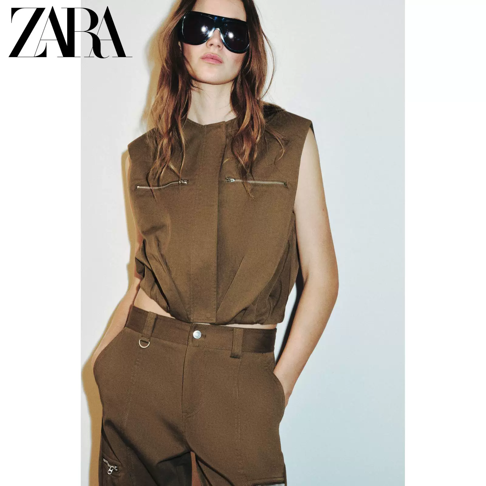 ZARA 2026 весна-лето новые поступления Женские безрукавки с круглым вырезом, молния, набивка на плечах 8372093 505