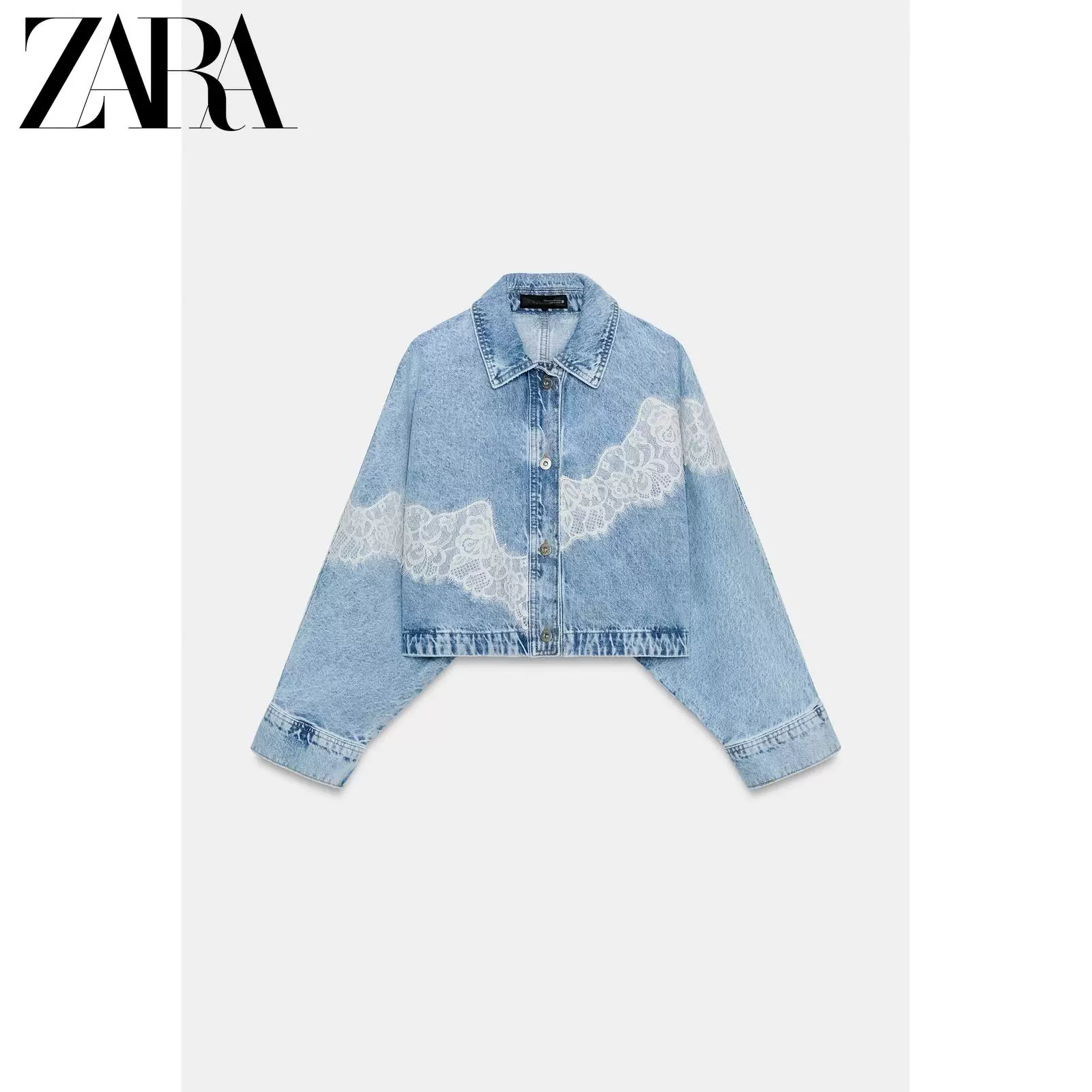 Короткий джинсовый жакет с кружевом ZARA, женский, 100% хлопок, весна/лето
