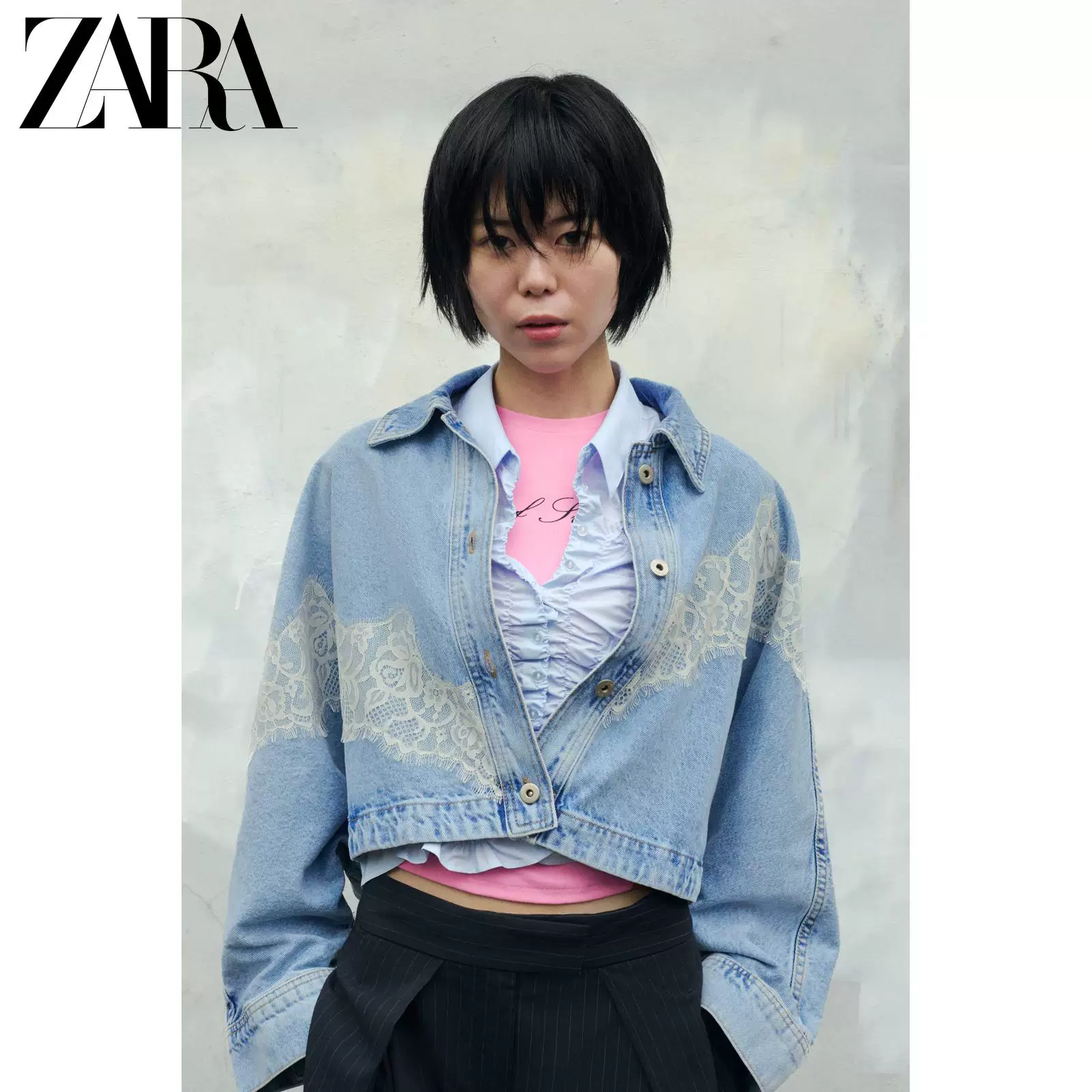 Короткий джинсовый жакет с кружевом ZARA, женский, 100% хлопок, весна/лето