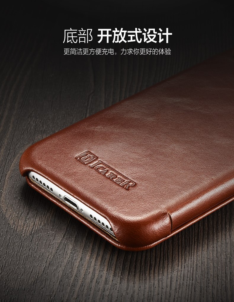 iCarer Curved Edge Vintage Series Side Open Handmade Genuine Cowhide Leather Case Cover for Apple iPhone X