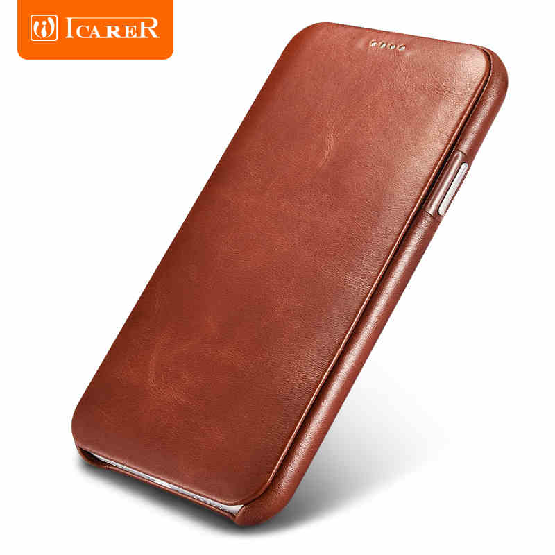 iCarer Curved Edge Vintage Series Side Open Handmade Genuine Cowhide Leather Case Cover for Apple iPhone X