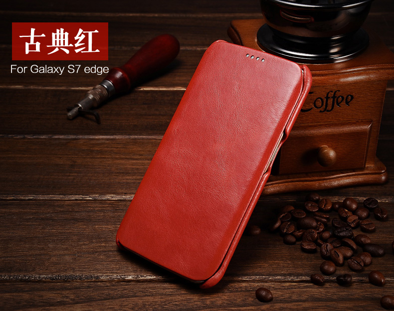 iCarer Curved Edge Vintage Series Side Open Handmade Genuine Cowhide Leather Case Cover for Samsung Galaxy S7 edge & S7