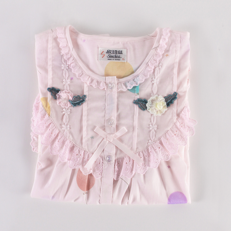 Xinqi Silk Woven Pure Cotton Lace Pajamas for Women, Spring and Summer Thin, Fresh and Sweet Style Balloon Print Home Wear Set