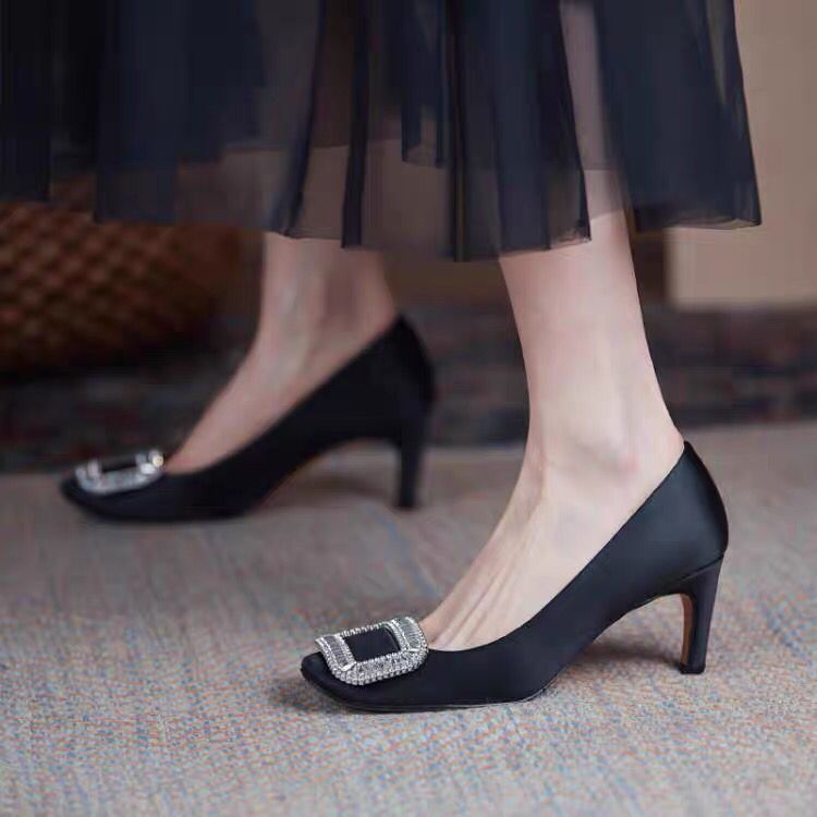 Soft-Soled 2026 Autumn New Trendy Shoes, Satin Stiletto Heels, Women's Square Buckle Rhinestone High Heels, Black Wedding Shoes Soft-Soled 2026 Autumn New Trendy Shoes, Satin Stiletto Heels, Women's Square Buckle Rhinestone High Heels, Black Wedding Shoes