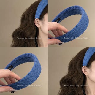 韩系少女~氛围蓝菱格宽边毛线发箍外出百搭气质ins高级感发旅头箍