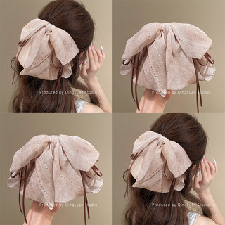 暗影花雾~淡粉雪纺蝴蝶结马尾夹欧若风新中式抓夹高级感旅行发卡