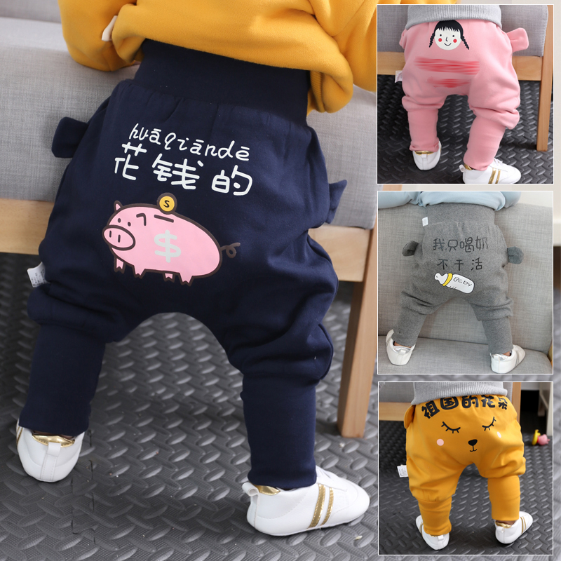 Baby pants autumn and winter plus velvet foreign gas 1 year old 2 men and women baby high waist ass pants 6 months 8 clip cotton pp pants outside wear