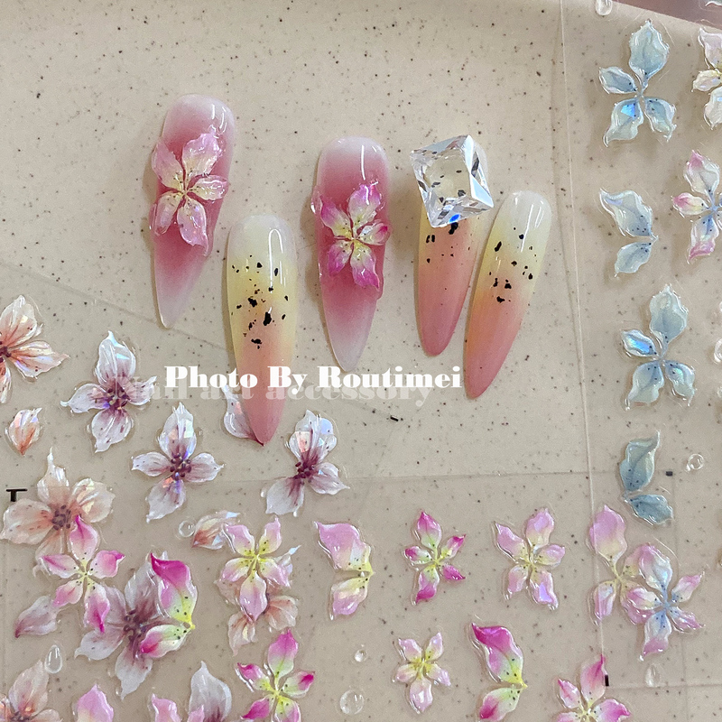 Nail Stickers New Style Crystal Large Lily Iridescent Five-Petal Flower High-End Versatile Design Pink Petal Lily Nail Stickers