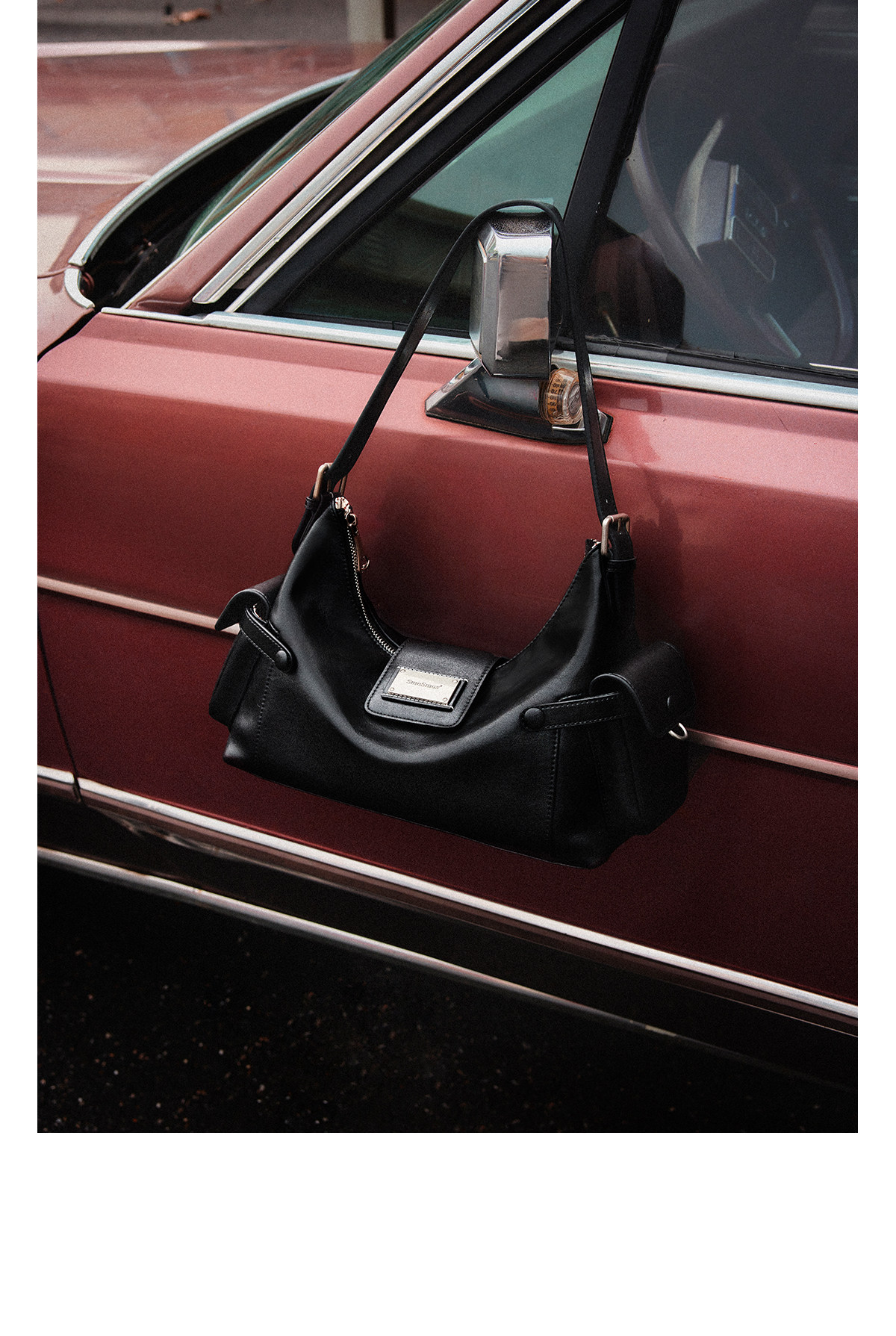 SmoSmos Black Leather Zip-Top Hobo Shoulder Bag