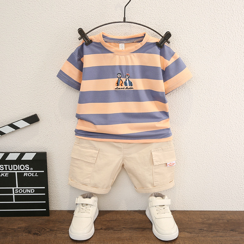 2023 New Boy Strip Summer Gas Baby Summer Clothing Cotton Children's Boy Short Sleeve Two Cases