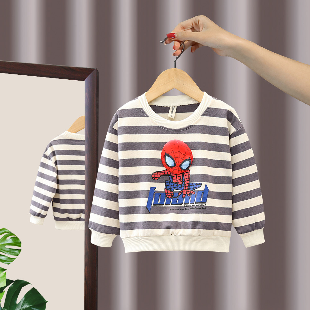 Boys Spring and Autumn Striped Casual Tops Handsome Boys Spiderman Tops Baby Cotton Round Neck Pullovers Trendy Children