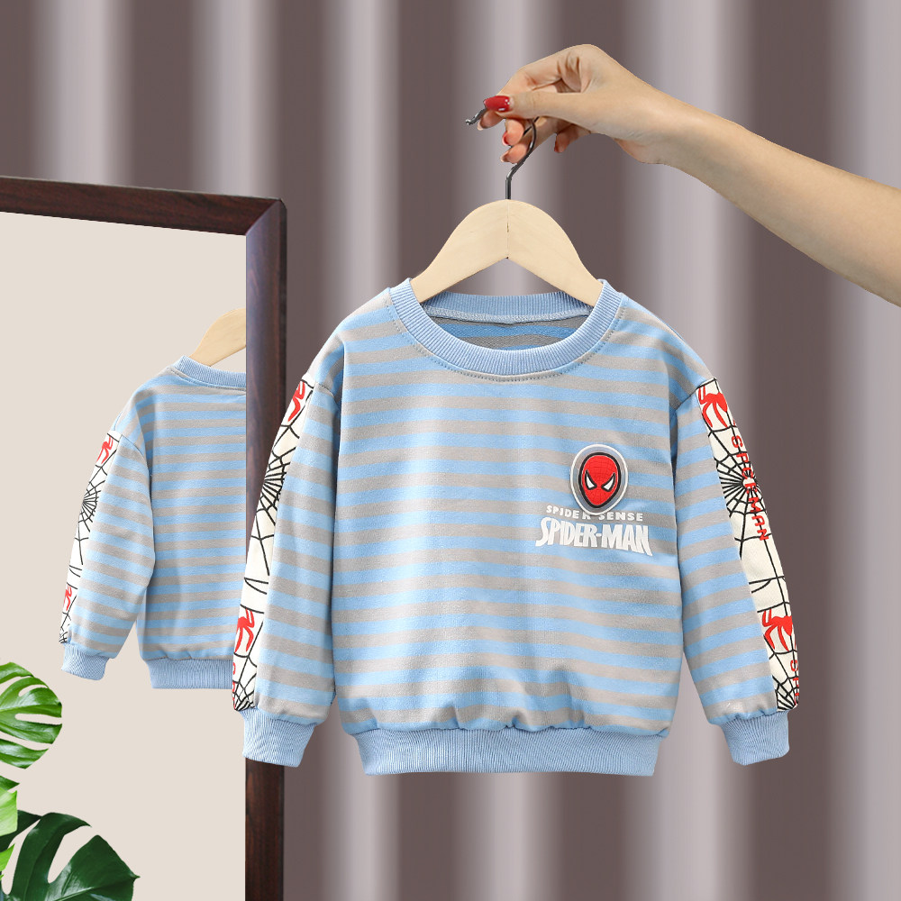 2022 New Boys Striped Sweater Handsome Boy Spider-Man Cartoon Bottom Shirt Baby Cotton Round Neck T-Shirt