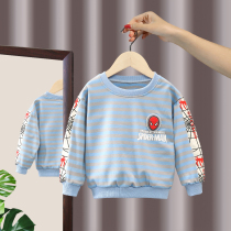 2022 new boy striped sweatshirt handsome boy Spider-Man cartoon undershirt baby pure cotton round collar T-shirt