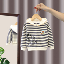 2022 boy spring autumn dress striped blouses foreign air boy pure cotton sweatshirt baby with cap slapped undershirt child clothes