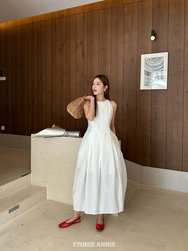 F.Three Three Sisters 2026 Spring Korean Style Simple Versatile Casual Lazy Style Halter Neck Sleeveless Dress for Women