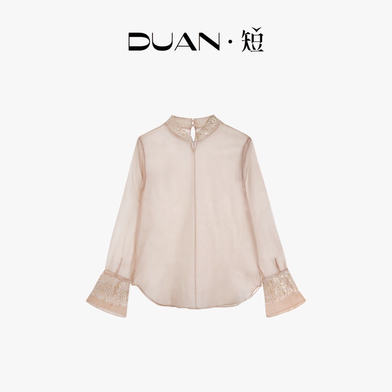 【Yunluo Shirt】Heavyweight 100% Silk Organza with Lace Collar Design, Long-Sleeved Base Shirt
