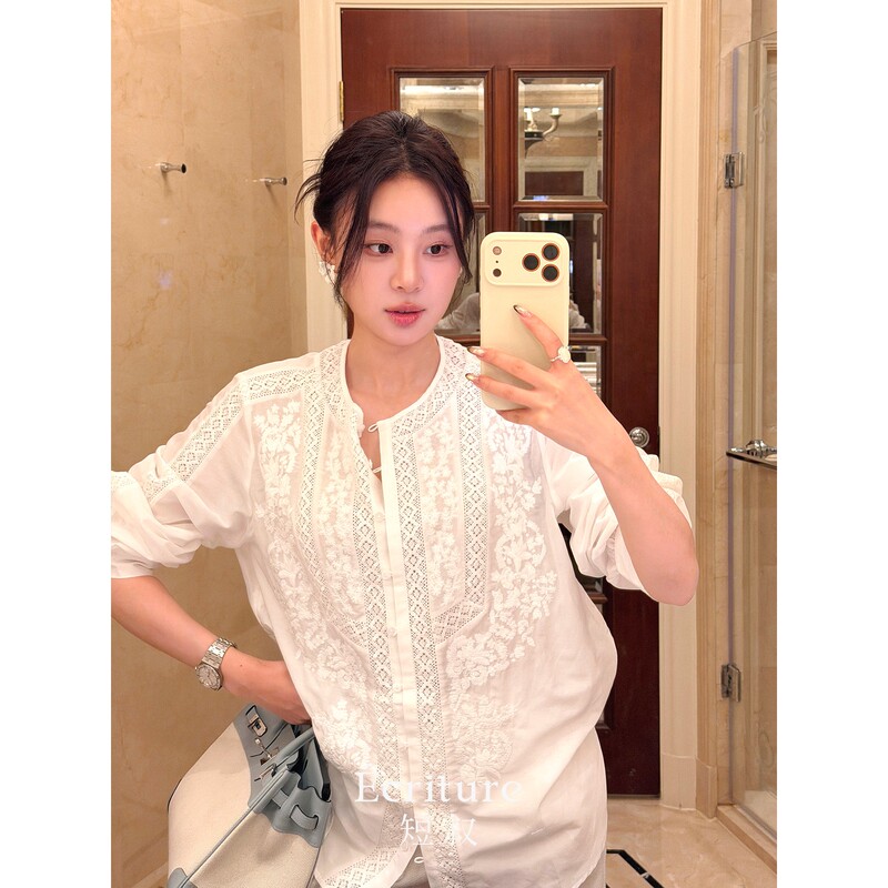 【White Tea Shirt】Heavy Lace Hollow-Carved Embroidery French Silk Cotton Shirt, Early Autumn Elegant Long-Sleeved Top